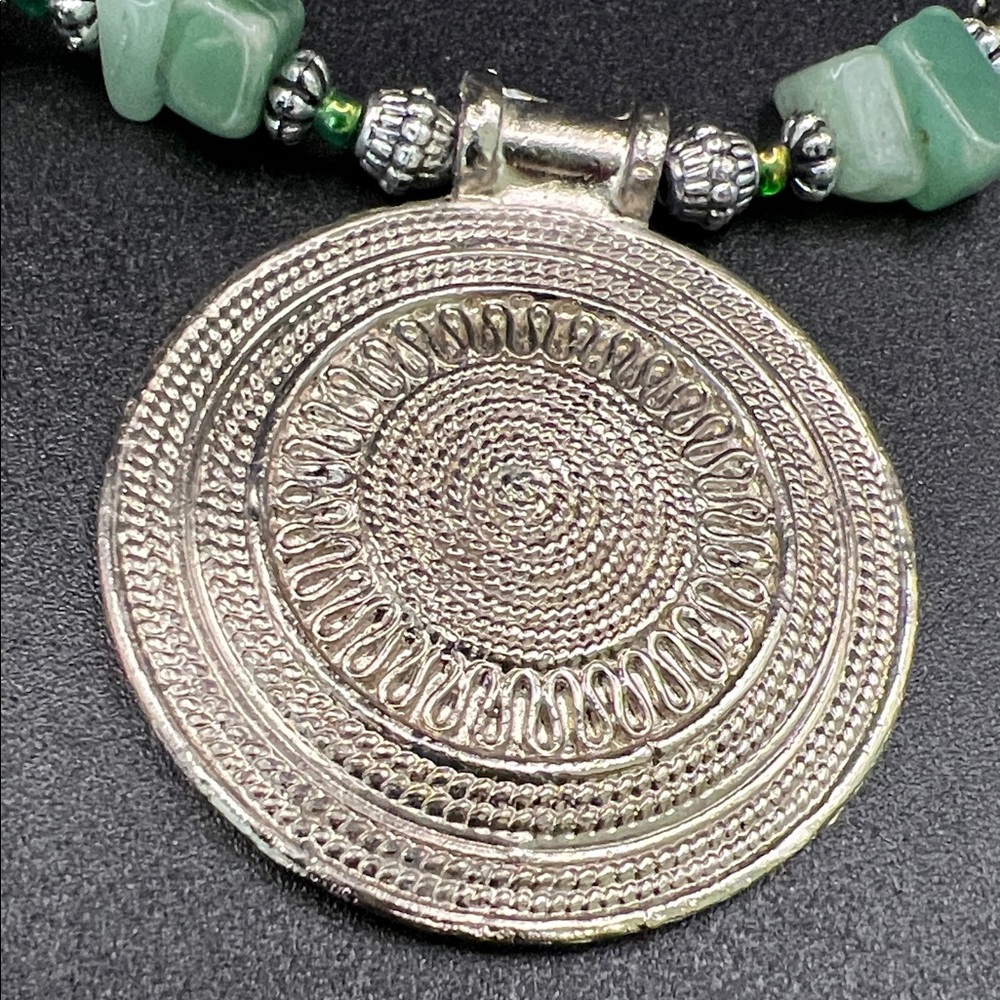 Artisan Handmade Green Stone 20” Necklace with Silver Medallion Pendant - Picture 4 of 10